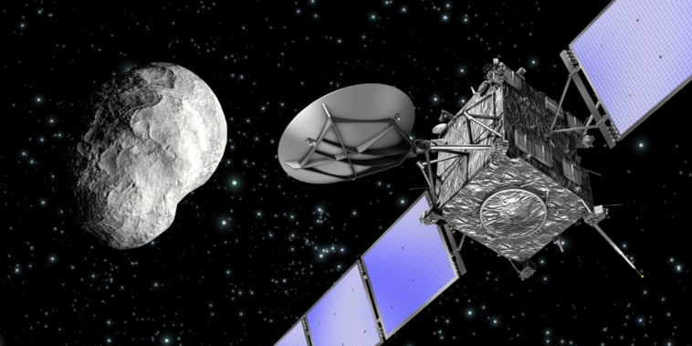 An artist's rendering of Rosetta's flyby of an asteroid. Courtesy of European Space Agency.