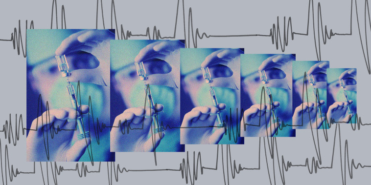 A collage of heart beat graphs over layered images of a surgeon with a syringe.