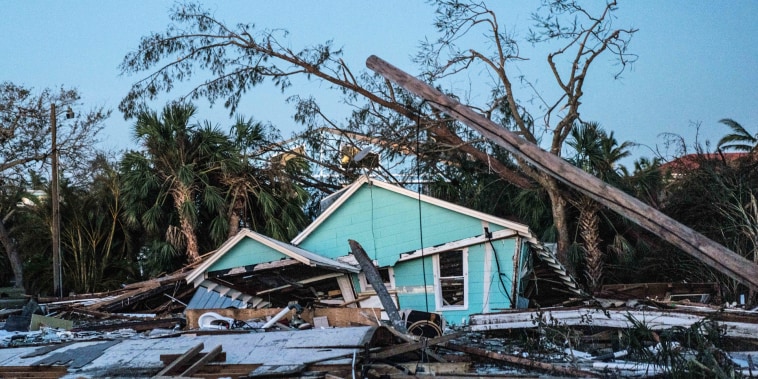 A destroyed home that was carried across the street by the storm surge from Hurricane Ian in Fort Myers Beach, Fla., on Sept. 29, 2022.