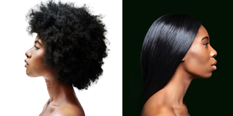 Two black women, one with an afro and another with relaxed hair.