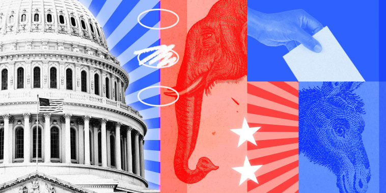 Photo illustration of the Capitol in Washington, scribbled in ballot bubbles, an elephant, a donkey, and a hand holding a paper ballot.