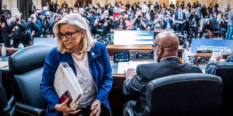 Image: Committee Vice Chair Liz Cheney leaves during a break in the hearing to Investigate the January 6 Attack on the U.S. Capitol, on Capitol Hill on Oct. 13, 2022.
