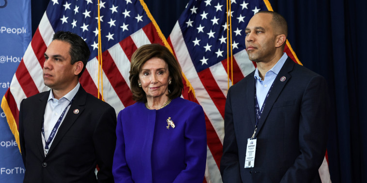 Speaker of the House Rep. Nancy Pelosi, D-Calif., Rep. Pete Aguilar, D-Calif., and Democratic Caucus Chairman Hakeem Jeffries, D-N.Y., in Philadelphia on March 11, 2022.