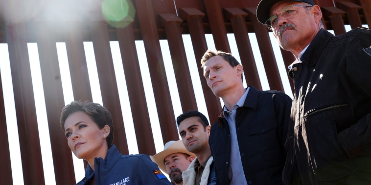 From left, Kari Lake, David Gowan, Abe Hamadeh, Blake Masters and Mark Finchem hold a press conference as they tour the U.S.-Mexico border in Sierra Vista, Ariz.