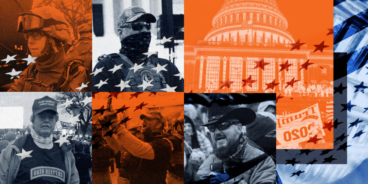 Photo illustration of five members of the Oath Keepers at the Capitol riot in 2021, and the Capitol in Washington.