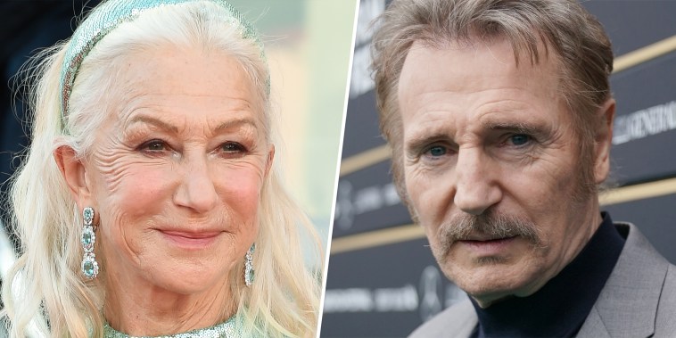 (L) Helen Mirren at the 78 Venice International Film Festival 2021 on  Sept. 1, 2021. (R) Liam Neeson attends the premiere of "Marlowe" on Sept. 25, 2022 in Zurich, Switzerland. 