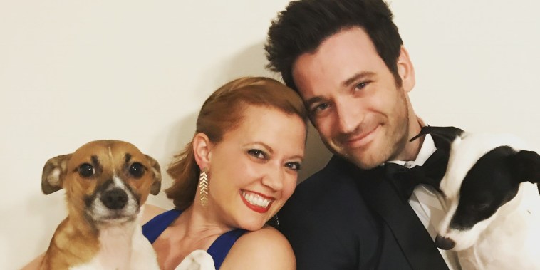 Patti Murin and Colin Donnell are pictured with their dogs, Milo, left, and Petey, right.