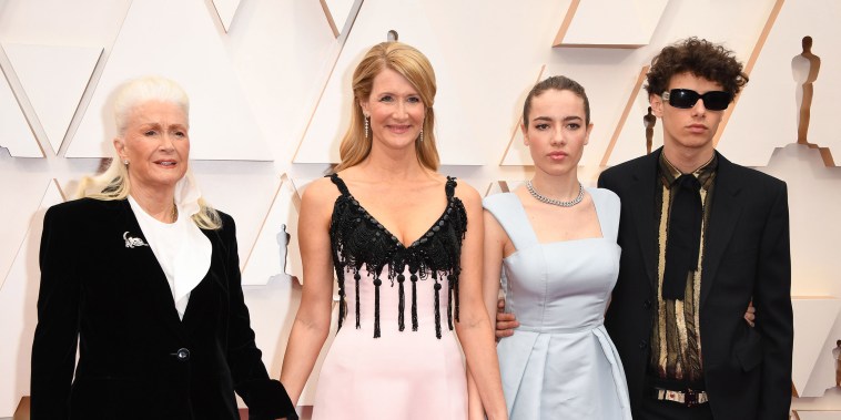 Laura Dern with mom actress Diane Ladd and kids Ellery and Jaya Harper arrive for the 92nd Oscars at the Dolby Theatre in Hollywood, California on February 9, 2020.