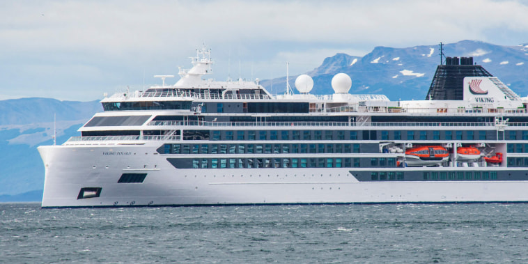 The Viking Polaris anchored in Ushuaia, Argentina, on Dec. 1, 2022.