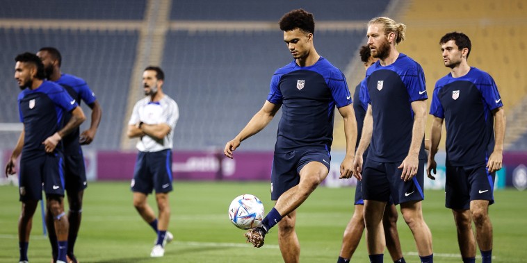 Image: Antonee Robinson of United States controls the ball during United States Training Session ahead of their Round of Sixteen match against Netherlands at  on Dec. 2, 2022 in Doha, Qatar. 