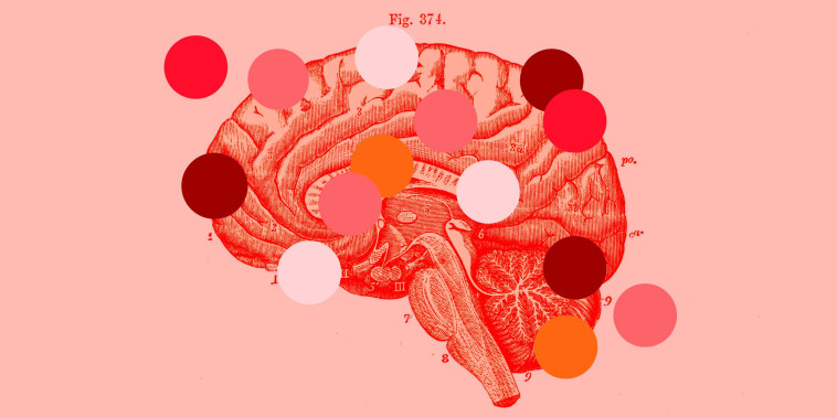 Photo Illustration: A medical illustration of a brain with pink dots in various colors overlaid