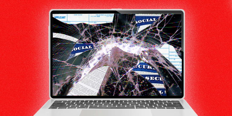 Photo Illustration: A laptop with a cracked screen. Some of the cracks reveal slivers of social security cards and other personal documents