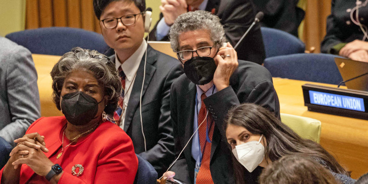 Permanent Representative and Ambassador of the U.S. Linda Thomas-Greenfield, left, and other representatives during the meeting regarding the removal of Iran from membership in the Commission on the Status of Women at the United Nations on Dec. 14, 2022. 