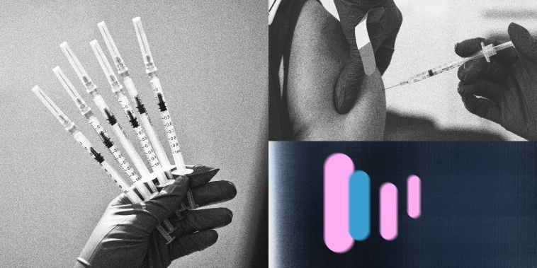 Photo illustration of a gloved hand holding Covid vaccine syringes, and a healthcare worker administering a dose of the vaccine.
