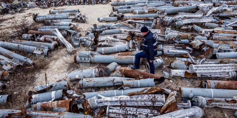 Russian missile remnants collected by Ukrainian officials.