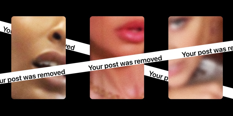 Photo illustration: Rounded rectangles show parts of faces. White tape with text that reads," Your post was removed" run across the images.