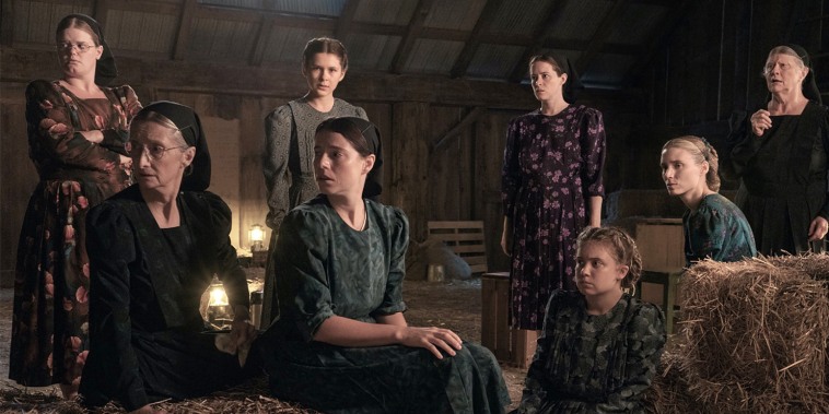From left, Michelle McLeod stars as Mejal, Sheila McCarthy as Greta, Liv McNeil as Neitje, Jessie Buckley as Mariche, Claire Foy as Salome, Kate Hallett as Autje, Rooney Mara as Ona and Judith Ivey as Agata in, "Women Talking."