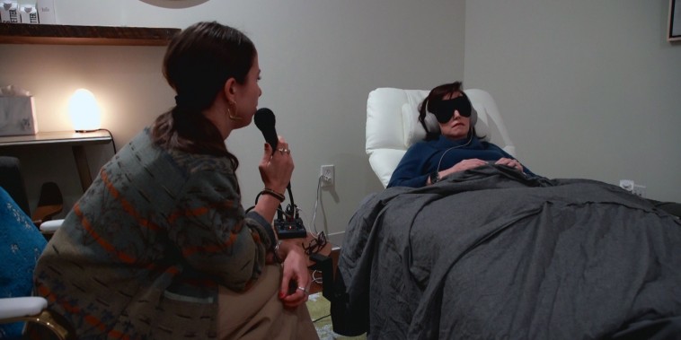 Chere Scythes, right, listens to guided meditation during a ketamine session at Field Trip Health in New York City
