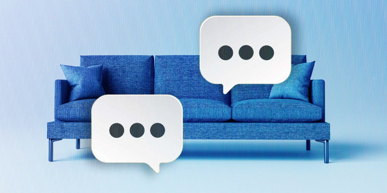 Photo illustration of a digitized couch with chat message bubbles.