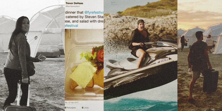 Photo illustration of scenes from the Fyre Festival, including guests arriving with suitcases, the catered dinner of bread and cheese, and Billy McFarland riding a jet ski.