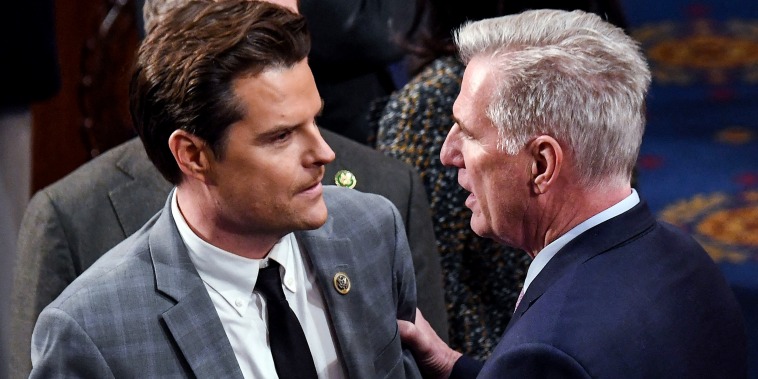 Rep. Kevin McCarthy, R-Calif., speaks to Rep. Matt Gaetz, R-Fla., in the House Chamber on Jan. 6, 2023.