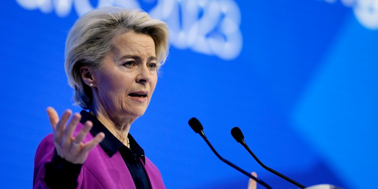 EU Commission President Ursula von der Leyen delivers a speech at the World Economic Forum