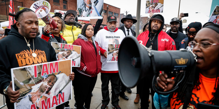 Family members and local activists hold a rally for Tyre Nichols at the National Civil Rights Museum in Memphis, Tenn., on Jan. 16, 2023.