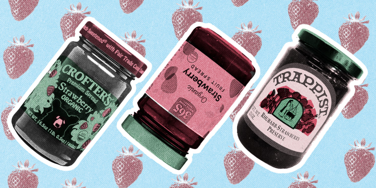 Collage of three strawberry jams on a strawberry patterned background.
