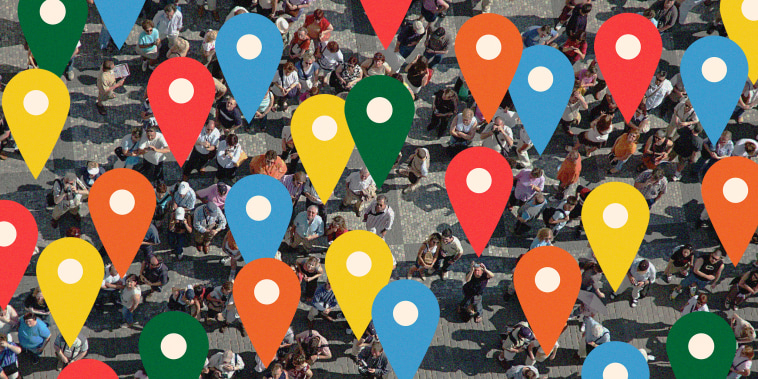Photo illustration of a crowd of people walking on pavement with dozens of location markers above their heads.