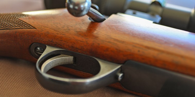A close up of a hunting rifle
