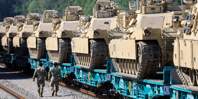 U.S. Army Abrams tanks of the 2nd Brigade 69th Regiment 2nd Battalion at the Mockava railway station in Lithuania on Sept. 5, 2020.