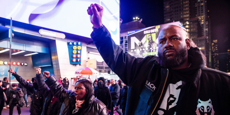 People protest in New York on Jan. 27, 2023, following the release of body cam footage showing Memphis police beating Tyre Nichols, who later died.
