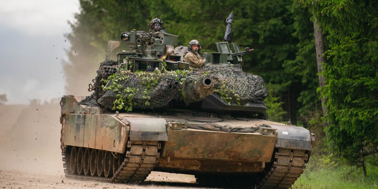 A U.S. Army M1 Abrams tank during a multinational exercise at the training area in Hohenfels, Germany on June 8, 2022. 