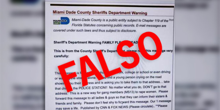 Imagen de un mensaje falso de un supuesto "Departamento del Sheriff de Miami-Dade" advirtiendo de una modalidad de violación de la pandilla MS-13. Las autoridades han desmentido el bulo, y el mensaje de pánico ha recorrido el internet desde hace casi 20 años. 