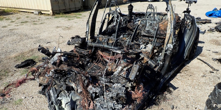 The remains of a Tesla Model S that crashed in Spring, Texas, on April 17, 2021.