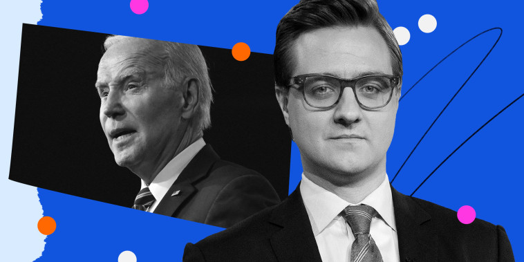 Photo Illustration: A collage of Chris Hayes and Joe Biden with multi-colored dots