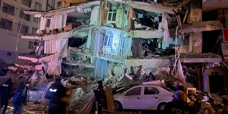 A destroyed building after an earthquake on Feb. 6, 2023 in Diyarbakir, Turkey.