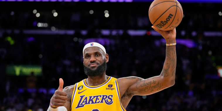 Los Angeles Lakers forward LeBron James after passing Kareem Abdul-Jabbar to become the NBA's all-time leading scorer on Feb. 7, 2023, in Los Angeles. 