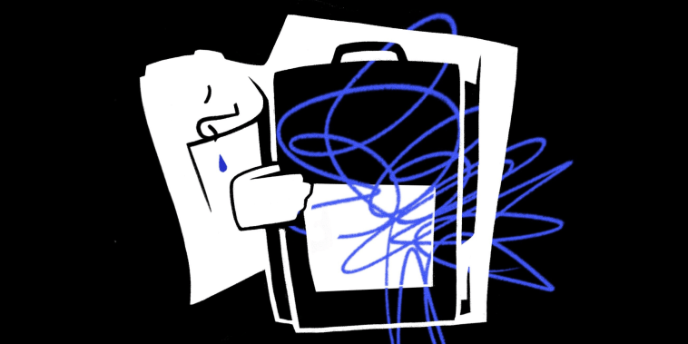 An abstracted illustration of a teenage girl hugging a backpack filled with abstract representations of anxiety and depression.