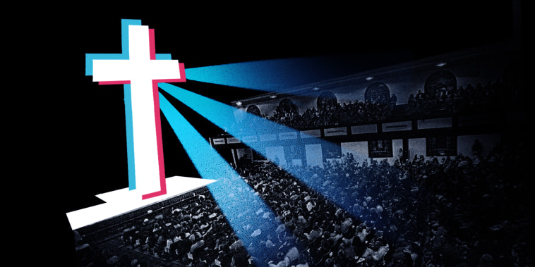 A digital collage illustration of the Asbury University church, with a large cross on the stage, treated to resemble the TikTok logo.