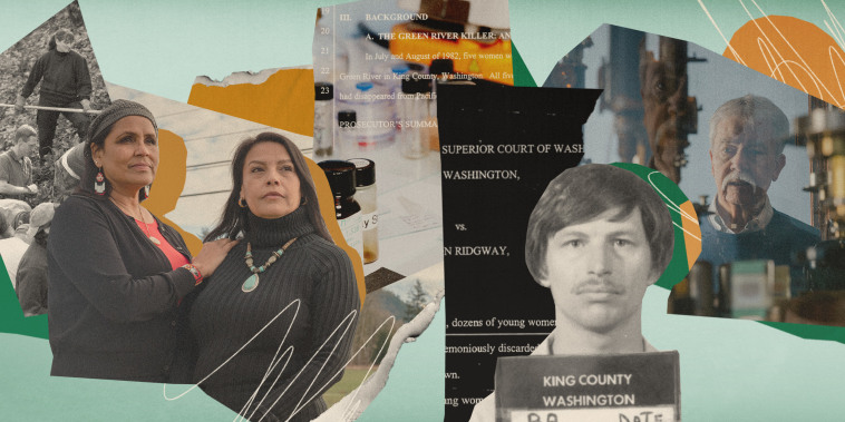 Photo illustration of archival images related to the Green River serial killer, Gary Ridgway; a science lab table; the affidavit of charges against Ridgway; Skip Palenik; and Luanna and Rona Yellowrobe