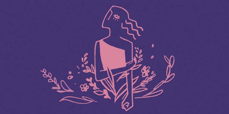 Simplified illustration of a girl with a clenched fist, surrounded by flowers sprouting from her.