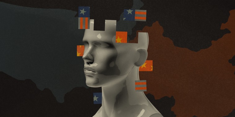 Photo Illustration: An artificial mannequin head with square-shaped pieces breaking off of it, each with the pattern of the U.S. or Chinese flag printed on it.