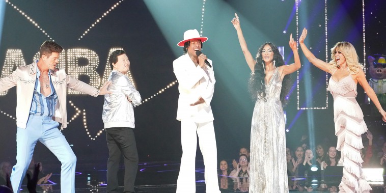 Robin Thicke, Ken Jeong, Nick Cannon, Nicole Scherzinger and Jenny McCarthy in "The Masked Singer."