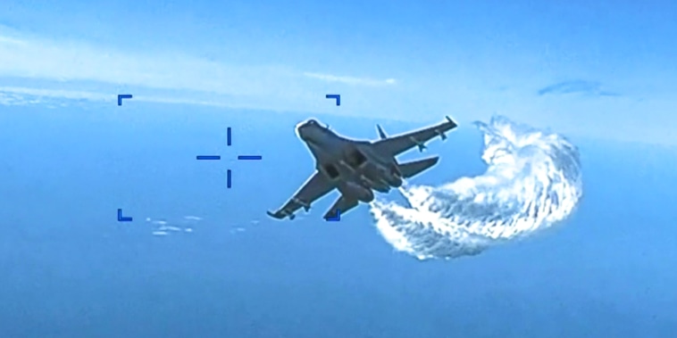 A Russian Su-27 approaching the back of the U.S. MQ-9 drone and beginning to release fuel as it passes, over the Black Sea, the Pentagon said.