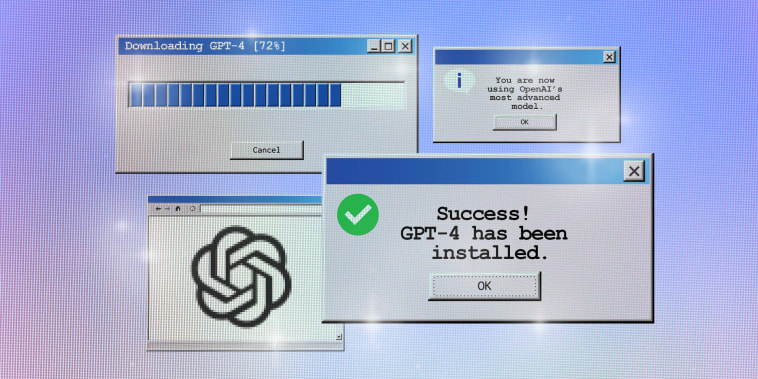 Photo Illustration: Microsoft Windows-style dialog boxes read "Downloading GPT-4", '"Success! GPT-4 has been installed" and "You are now using OpenAI's most advanced model"