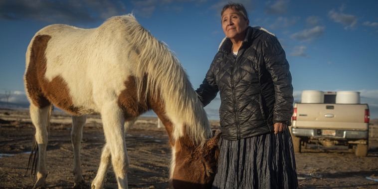 Marilyn Help-Hood stands next to her horse on March 13 in Tohlakai, N.M.. 