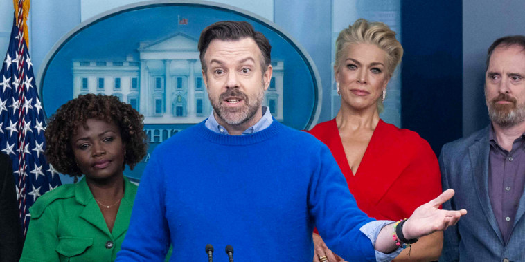 Jason Sudeikis speaks alongside fellow castmates from Ted Lasso at the White House on March 20, 2023.