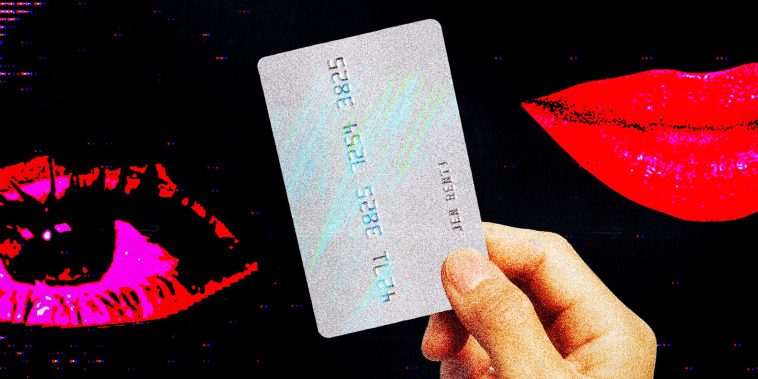 Photo Illustration: A hand holds up a credit card; glitchy eyes and lips are on either side