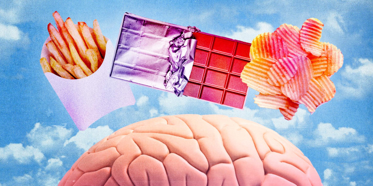 Photo Illustration: French fries, a chocolate bar, and potato chips float above a brain